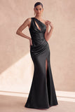 Black One Shoulder Mermaid Cut Out Long Evening Dress with Slit