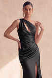 Black One Shoulder Mermaid Cut Out Long Evening Dress with Slit