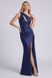 Black One Shoulder Mermaid Cut Out Long Evening Dress with Slit