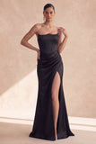 Strapless Black Corset Mermaid Ruched Satin Long Evening Dress with Slit