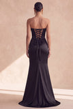 Strapless Black Corset Mermaid Ruched Satin Long Evening Dress with Slit