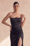 Strapless Black Corset Mermaid Ruched Satin Long Evening Dress with Slit