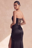 Strapless Black Corset Mermaid Ruched Satin Long Evening Dress with Slit