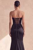 Strapless Black Corset Mermaid Ruched Satin Long Evening Dress with Slit