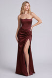 Strapless Black Corset Mermaid Ruched Satin Long Evening Dress with Slit