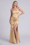 Strapless Black Corset Mermaid Ruched Satin Long Evening Dress with Slit