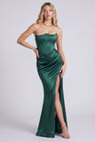 Strapless Black Corset Mermaid Ruched Satin Long Evening Dress with Slit