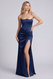 Strapless Black Corset Mermaid Ruched Satin Long Evening Dress with Slit