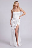 Strapless Black Corset Mermaid Ruched Satin Long Evening Dress with Slit