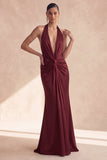 Halter Mermaid Cabernet Ruched Long Evening Dress