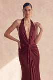 Halter Mermaid Cabernet Ruched Long Evening Dress