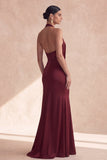 Halter Mermaid Cabernet Ruched Long Evening Dress