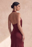 Halter Mermaid Cabernet Ruched Long Evening Dress