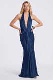 Halter Mermaid Cabernet Ruched Long Evening Dress