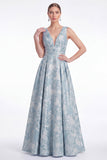 A-Line Blue Flower Jacquard V-Neck Long Mother Of the Bride Dress