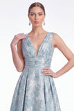 A-Line Blue Flower Jacquard V-Neck Long Mother Of the Bride Dress