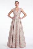 A-Line Blue Flower Jacquard V-Neck Long Mother Of the Bride Dress