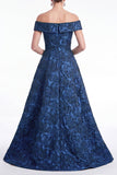 Off the Shoulder Blue A-Line Floral Jacquard Long Mother Of the Bride Dress