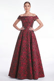 Off the Shoulder Blue A-Line Floral Jacquard Long Mother Of the Bride Dress