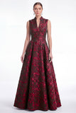 A-Line Green Flower Jacquard V-Neck Long Mother Of the Bride Dress
