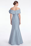 Dusty Blue Satin Off the Shoulder Mermaid Long Mother Of the Bride Dress with 3D Flower