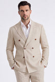 Beige 2 Piece Double Breasted Peak Lapel Men's Business Suits