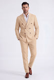 Beige 2 Piece Peak Lapel Double Breasted Men's Suits