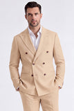 Beige 2 Piece Double Breasted Peak Lapel Men's Business Suits