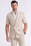 Light Khaki 2 Piece Peak Lapel Double Breasted Men Formal Suits with Sleeves