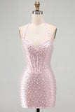 Pink Bodycon Halter Pearls Backless Corset Short Homecoming Dress with Beading