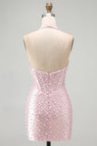 Pink Bodycon Halter Pearls Backless Corset Short Homecoming Dress with Beading