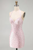 Pink Bodycon Halter Pearls Backless Corset Short Homecoming Dress with Beading