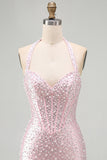 Pink Bodycon Halter Pearls Backless Corset Short Homecoming Dress with Beading