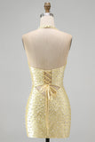 Bodycon Halter Neck Cut Out Pearls Yellow Homecoming Dress with Beading