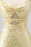 Bodycon Halter Neck Cut Out Pearls Yellow Homecoming Dress with Beading