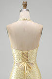 Bodycon Halter Neck Cut Out Pearls Yellow Homecoming Dress with Beading
