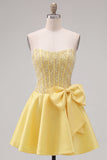 Yellow Sweetheart A-Line Pearls Corset Homecoming Dress with Bow