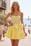 Yellow Sweetheart A-Line Pearls Corset Homecoming Dress with Bow