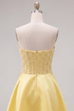 Yellow Sweetheart A-Line Pearls Corset Homecoming Dress with Bow