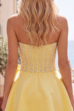 Yellow Sweetheart A-Line Pearls Corset Homecoming Dress with Bow