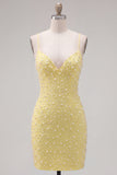 Yellow Pearls Spaghetti Straps Tight Homecoming Dress with Lace Up Back
