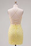 Yellow Pearls Spaghetti Straps Tight Homecoming Dress with Lace Up Back