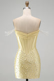 Yellow Bodycon Off the Shoulder Pearls Corset Short Homecoming Dress with Beading