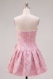 Strapless Purple A-Line Pearls Jacquard Homecoming Dress with Bow