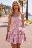 Strapless Purple A-Line Pearls Jacquard Homecoming Dress with Bow