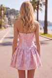 Strapless Purple A-Line Pearls Jacquard Homecoming Dress with Bow