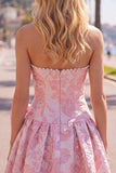 Strapless Purple A-Line Pearls Jacquard Homecoming Dress with Bow