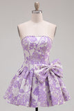Strapless Purple A-Line Pearls Jacquard Homecoming Dress with Bow