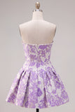 Strapless Purple A-Line Pearls Jacquard Homecoming Dress with Bow