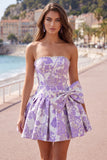 Strapless Purple A-Line Pearls Jacquard Homecoming Dress with Bow
